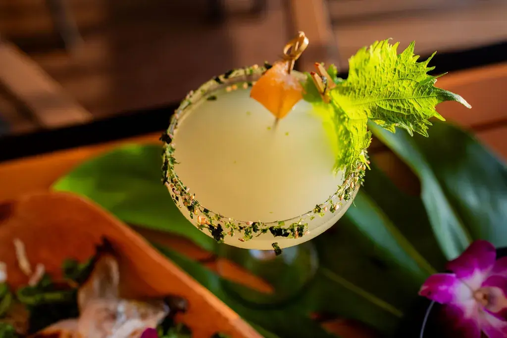The Wa'a-sabi Shiso Daiquiri at Voyagers: wasabi-infused agricole rum with shiso and lime, a shiso leaf and a seasoned rim