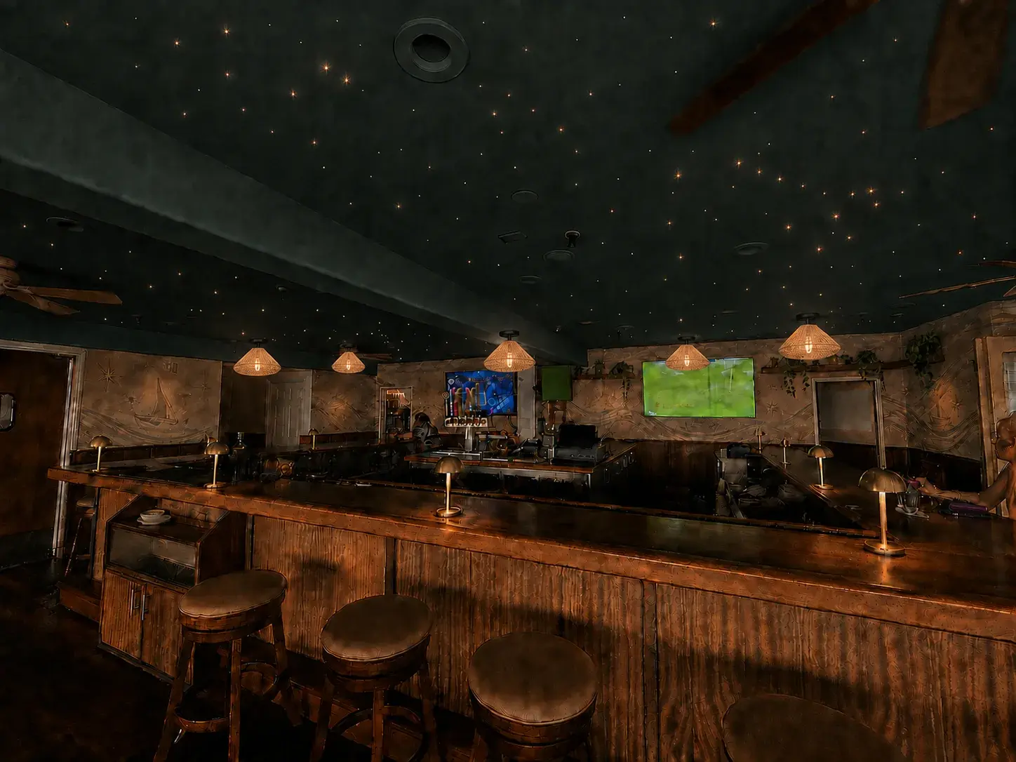 The Voyagers bar at night: a long polished wood bar under a dark ceiling lit with fibre-optic stars, with carved canoe reliefs on the walls